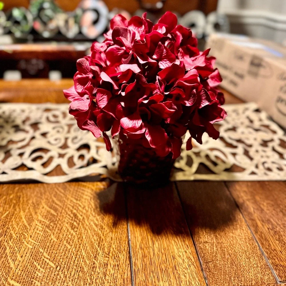 Burgundy Hydrangeas Artificial Flowers Silk Hydrangea Flower w Vase Floral Decor
